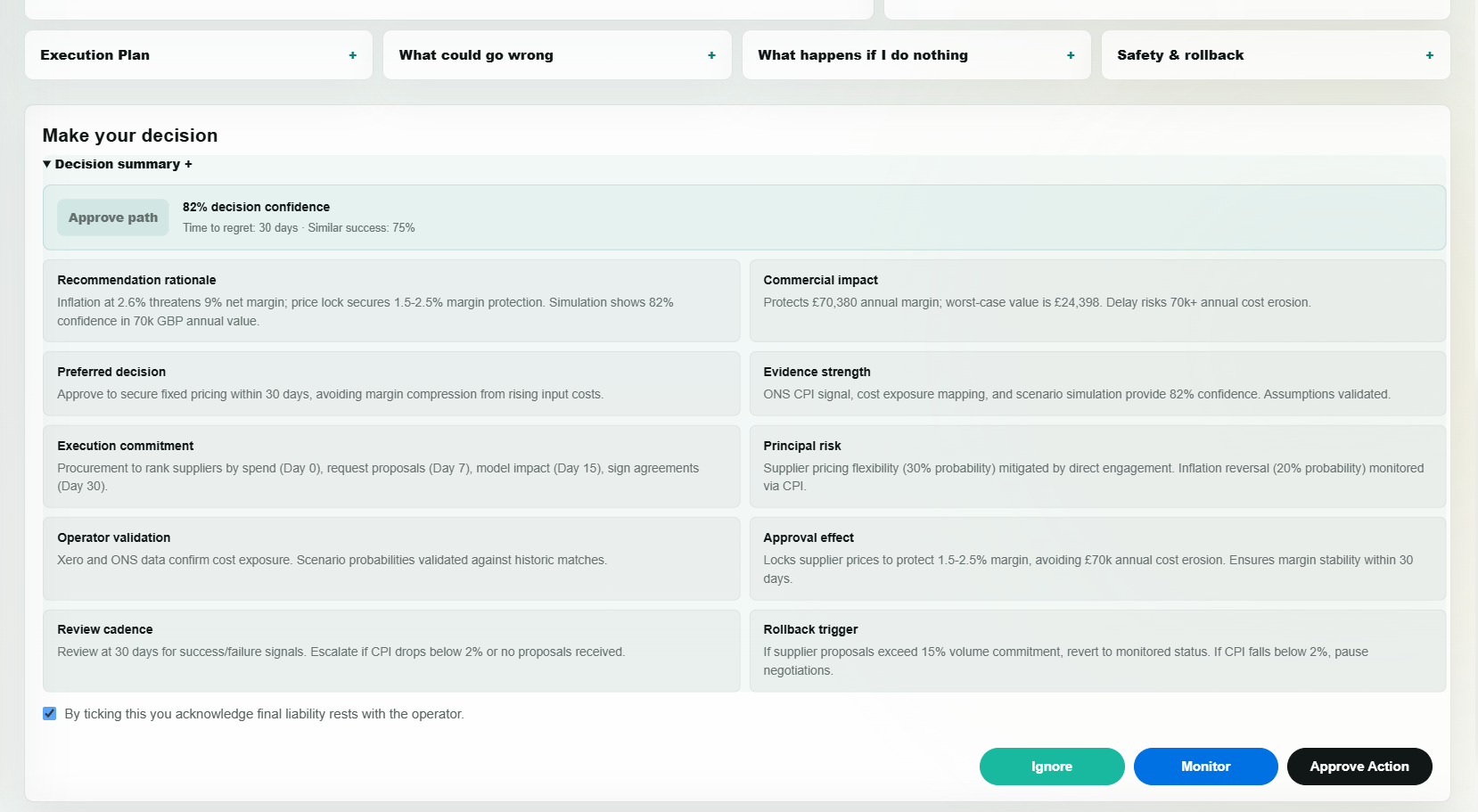 Loop decision summary showing approval rationale and decision controls